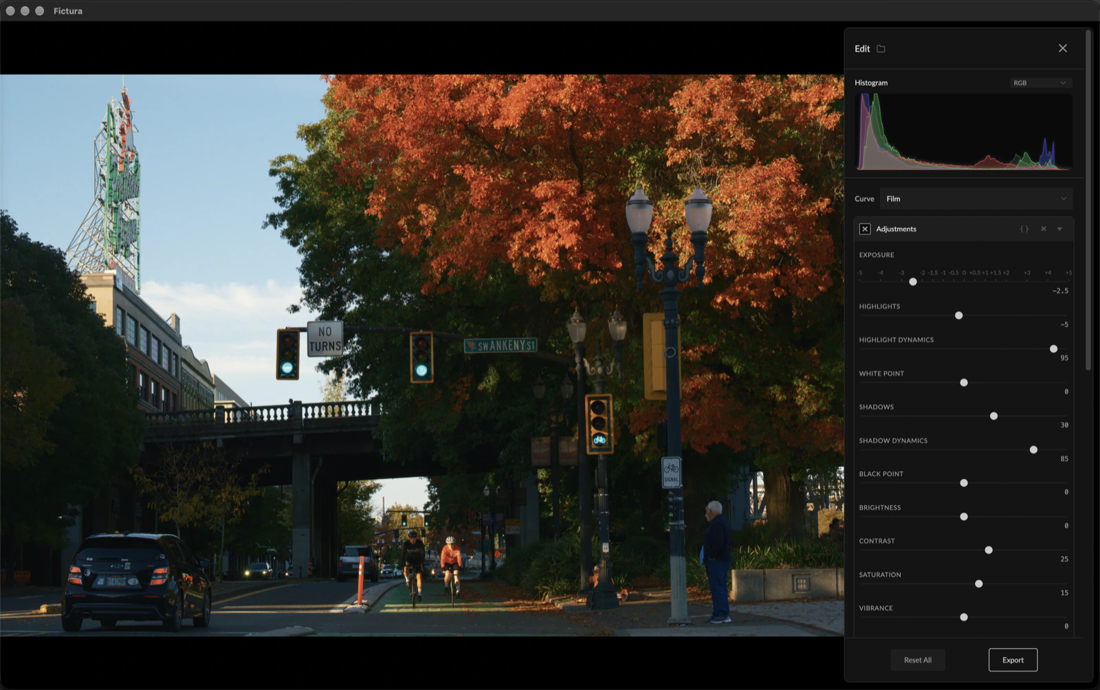 Fictura's non-destructive photo editor, with histogram and filter stack