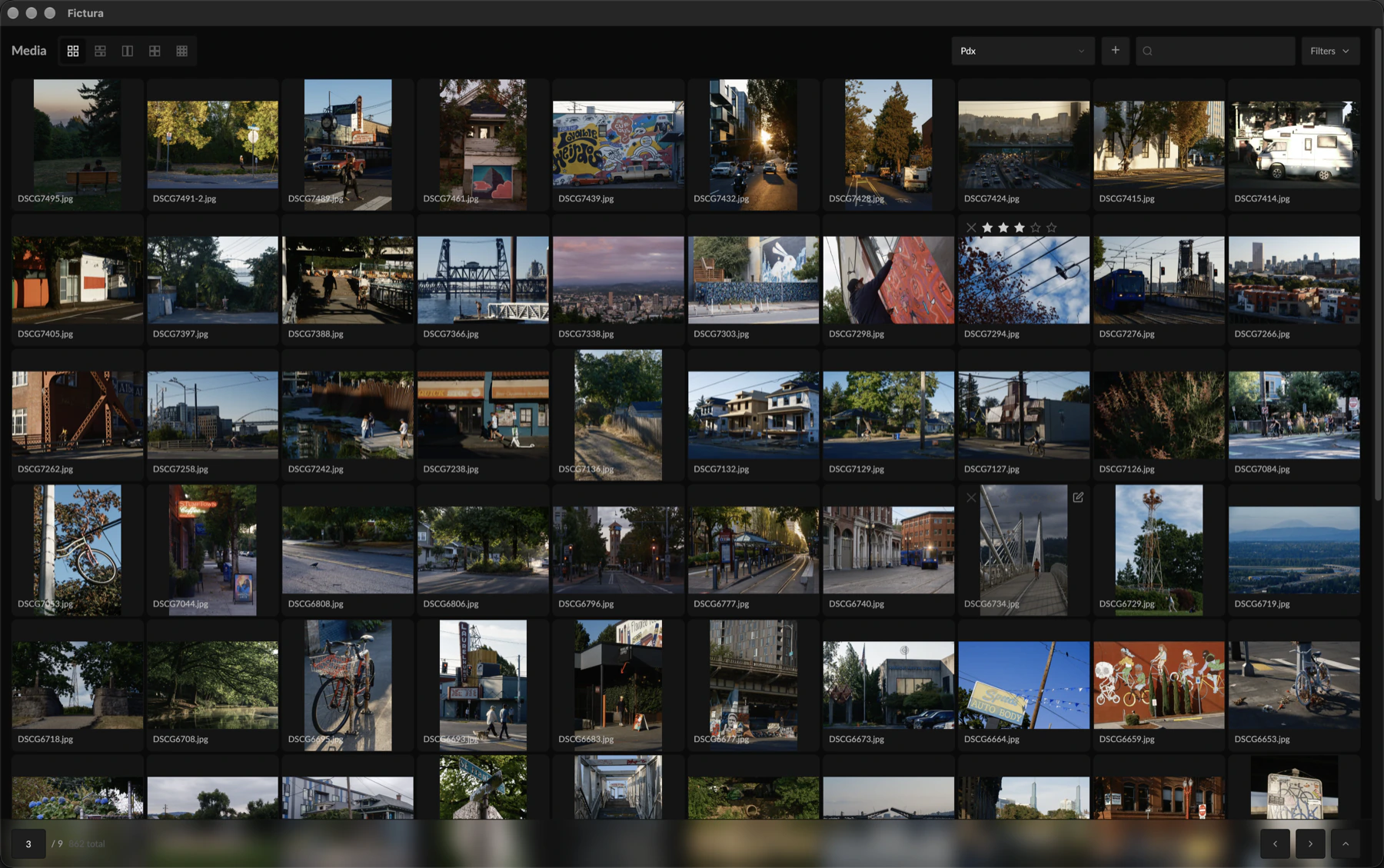 The Fictura media library, browsing imported photos, video, and audio